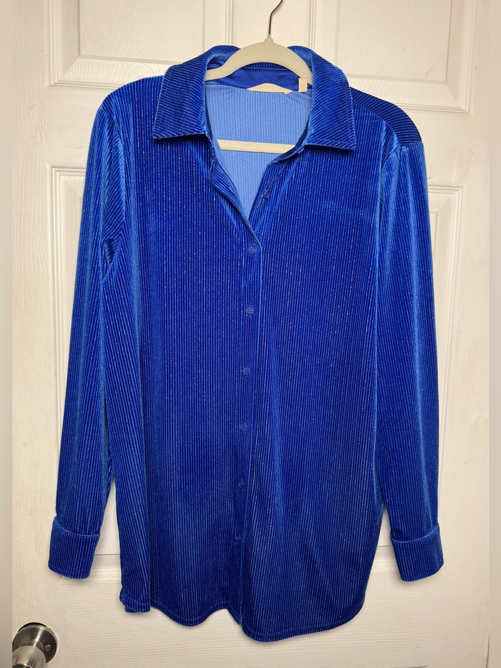Soft Surroundings Textured Metallic Velvet Boyfriend Button Down Tunic Top Blue